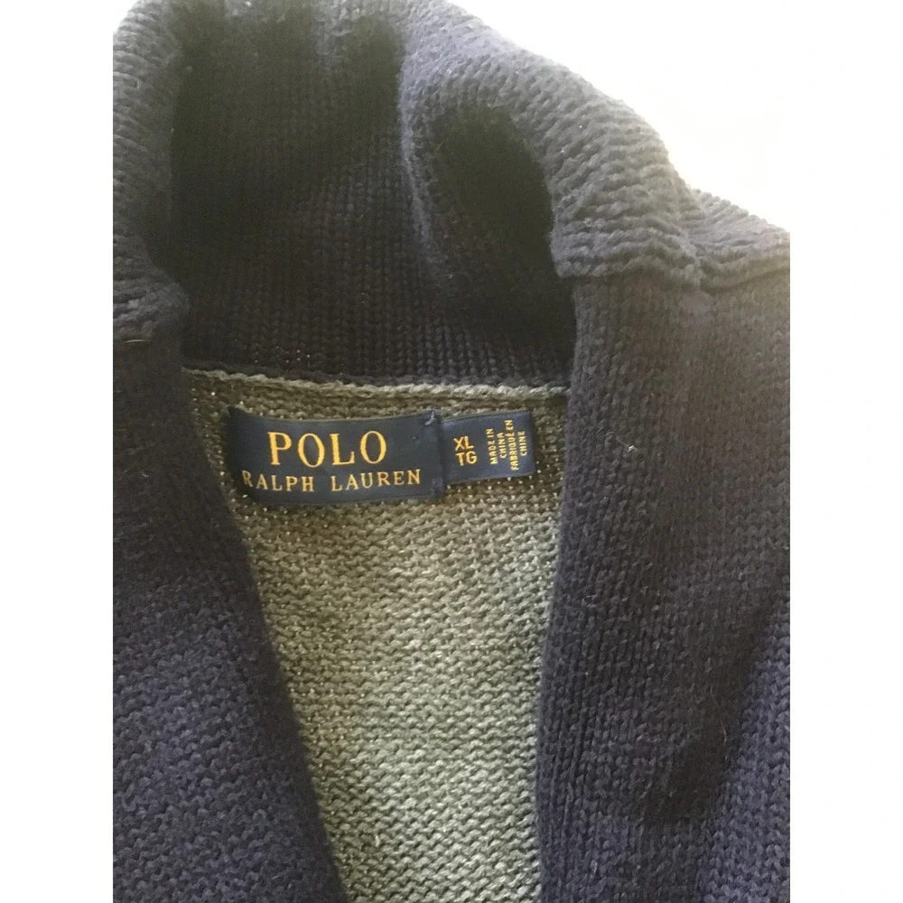 Polo Ralph Lauren Shawl Collar Cardigan Sweater Navy Grey Striped Crest Logo XL